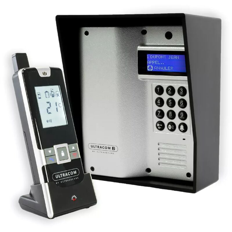 Ultra Secure - Interphone 600 mètres sans-fil longue portée autonome digicode écran lcd - UltraCOM3 argenté visière noire + combiné