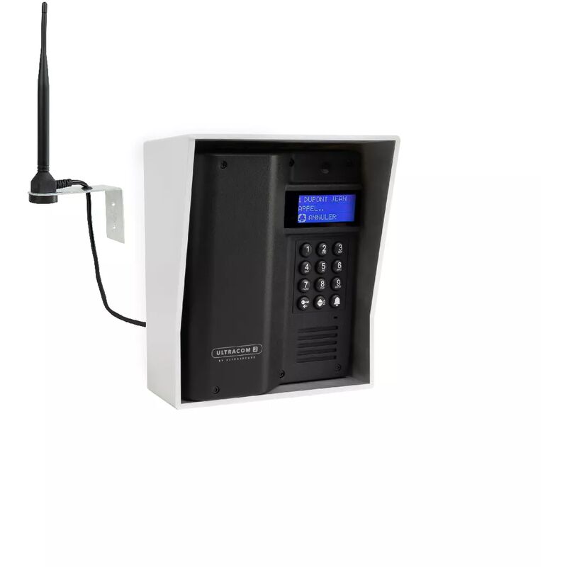 Ultra Secure - Platine de rue 600m autonome sans-fil - UltraCOM3 visière argentée + antenne : 'contourner obstacle / pilier'