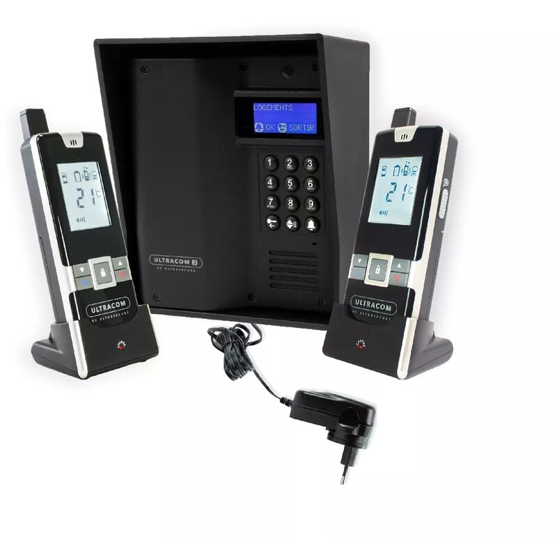 Ultra Secure - Interphone autonome sans-fil collectif / multipropriétés UltraCOM3 visière noire + 2 combinés + transformateur 12V