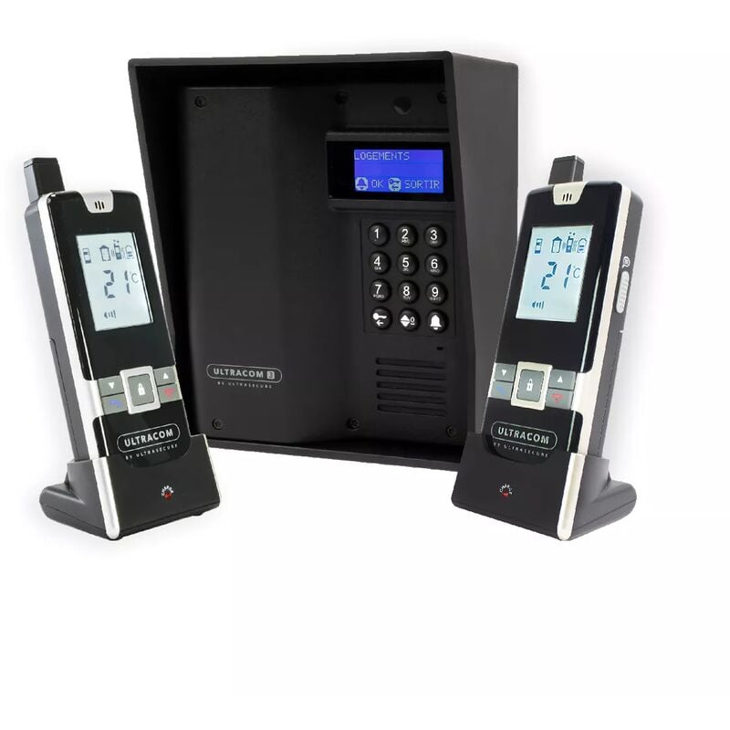 Ultra Secure - Interphone sans-fil alimenté sur portail 600 mètres longue distance collectif - UltraCOM3 visière noire + 2 combinés
