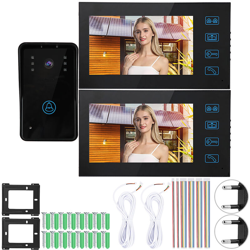 Eosnow Interphone vidéo 7 pouces,2 moniteurs,interphone tactile,système de sonnette d'accès à Vision nocturne,100-240VEU