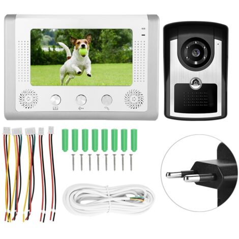 Interphone Vidéo Filaire 7 Pouces Étanche avec Caméra Nuit Infrarouge, Moniteur LCD et Alimentation 110-240V, Prise Européenne