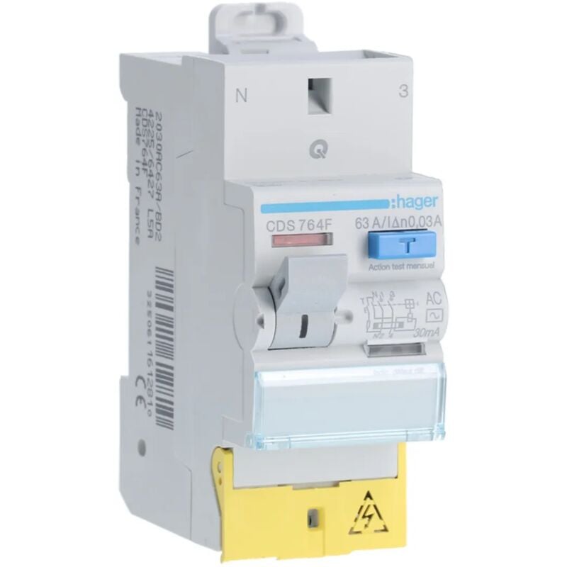 Hager - Interrupteur différentiel électrique 1P+N, 63A 30mA ac, bornes décalées SanVis