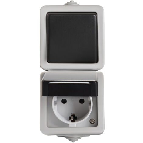 Interrupteur 1 Va-et-vient + Prise Schuko – Vertical – IP54 – Gris – Sécurité Enfant