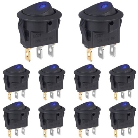 Interrupteur 12V 20A Voyant Lumineux LED Bleu Interrupteurs à Bascule Rond 12 Volts ON/OFF 2Positions Marche/Arret 3Broches Commutateur Bouton pour Voiture Automobile (10 Pièces)