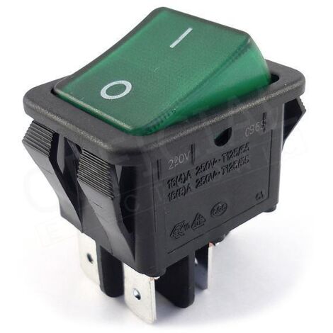 Interrupteur à bascule vert 16A 250V – Mécanisme faston 6,3 mm – Dimensions 30,2x22mm – Durée de vie 10000 cycles