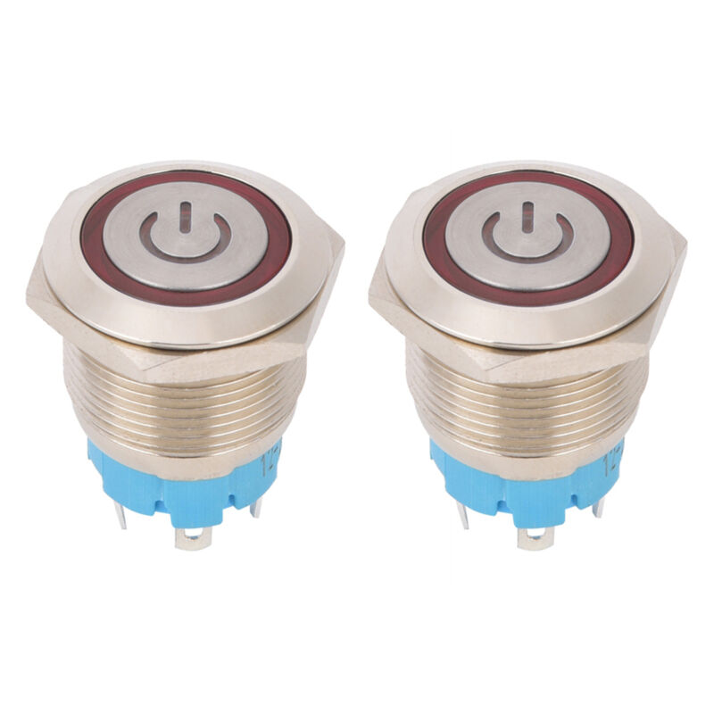 Interrupteur à Bouton-poussoir Rond, 2 Pièces, 4 Broches, Tête Plate de 19 Mm, en Acier Inoxydable avec Lumière, IP65 12-24VDC (rouge).