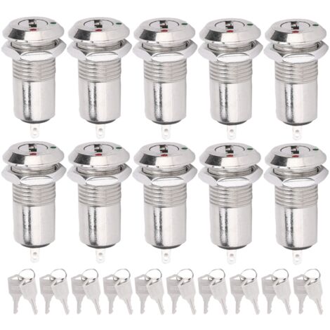 Interrupteur à Clé Métallique 10Pcs ON/OFF Verrouillage Alimentation Acier Inoxydable avec Écrou et Clé 12mm AC/DC 220V (Simple)