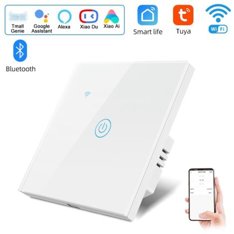Interrupteur connecté Wi-Fi compatible avec Alexa, interrupteur mural 1 voie, panneau en verre trempé blanc, application Tuya/Smart Life