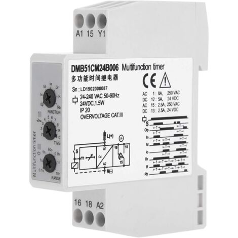 Interrupteur d'arrêt de Relais temporisé Multi-Tension DC 24V et AC 24-240V avec 7 Choix de Fonctions, Relais temporisé
