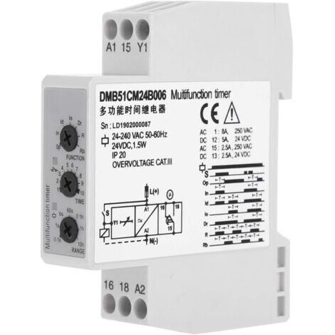 Interrupteur d'arrêt de Relais temporisé Multi-Tension DC 24V et AC 24-240V avec 7 Choix de Fonctions, Relais temporisé