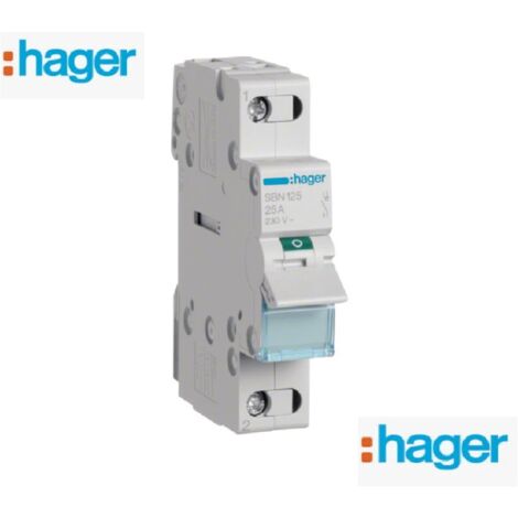 Hager – Interrupteur modulaire unipolaire 25A SBN125 – Tension 230V – Lampe LED témoin – Montage sur rail DIN