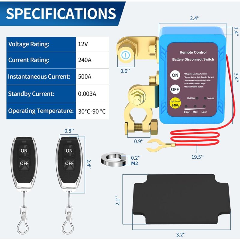 Interrupteur de déconnexion de batterie télécommandé 12V 240A, interrupteur d'arrêt automatique, interrupteur de télécommande pour voiture camion