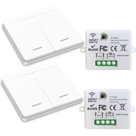 Interrupteur d'éclairage sans fil, interrupteur de sécurité de l'émetteur RF et contrôleur de récepteur 10A, installation facile pour lampe jusqu'à 1500W/2 récepteurs et 2 commutateurs