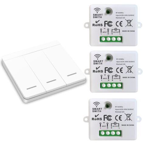 Interrupteur d'éclairage sans fil, interrupteur de sécurité de l'émetteur RF et contrôleur de récepteur 10A, installation facile pour lampe jusqu'à 1500W/3 récepteurs et 1 commutateur