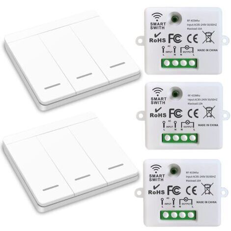 Interrupteur d'éclairage sans fil, interrupteur de sécurité de l'émetteur RF et contrôleur de récepteur 10A, installation facile pour lampe jusqu'à 1500W/ 3 récepteurs et 2 commutateurs