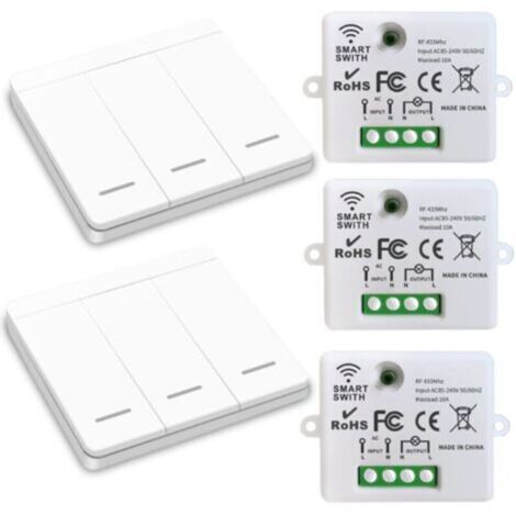Interrupteur d'éclairage sans fil, interrupteur de sécurité de l'émetteur RF et contrôleur de récepteur 10A, installation facile pour lampe jusqu'à 1500W/ 3 récepteurs et 2 commutateurs