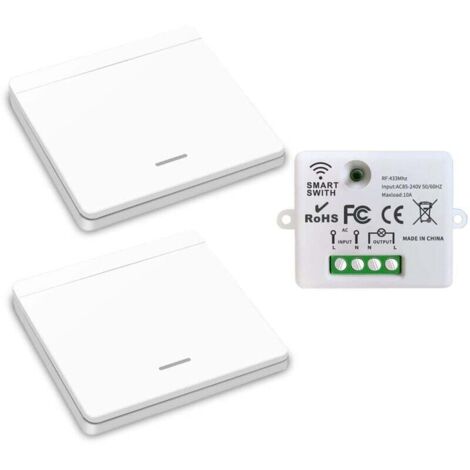 Interrupteur d'éclairage sans fil, interrupteur de sécurité de l'émetteur RF et contrôleur de récepteur 10A, installation facile pour lampe jusqu'à 1500W(1 récepteur et 2 commutateurs)