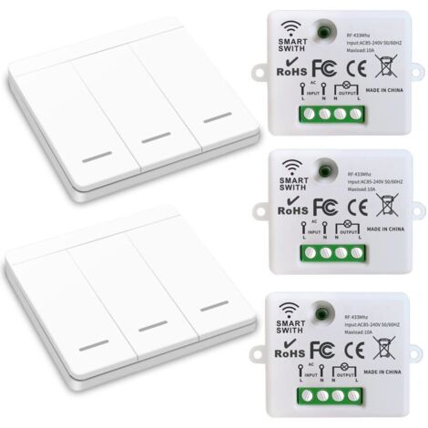 Interrupteur d'éclairage sans fil, interrupteur de sécurité de l'émetteur RF et contrôleur de récepteur 10A, installation facile pour lampe jusqu'à 1500W(3 récepteurs et 2 commutateurs)