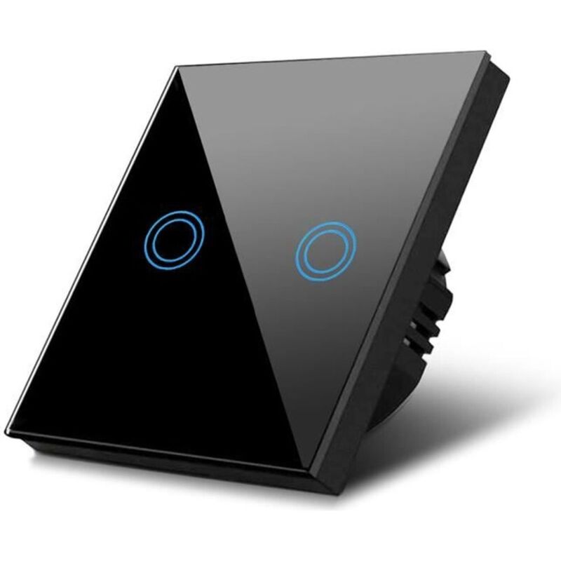 Interrupteur d'éclairage tactile LED en verre noir avec 2 boutons ronds