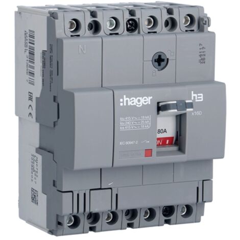 Interrupteur déclencheur thermomagnétique Hager X160 4P 18KA 80A HDA081L