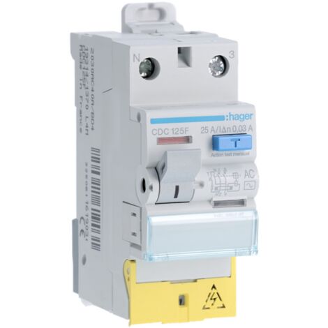 Interrupteur différentiel 1P+N 25A 30mA type AC à bornes décalées HAGER CDC125F