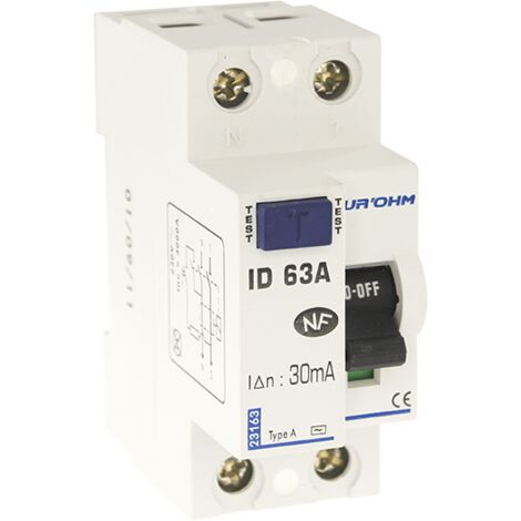 Interrupteur différentiel 1P+N 30mA connexion haut/bas Classe A 63A - 2 modules
