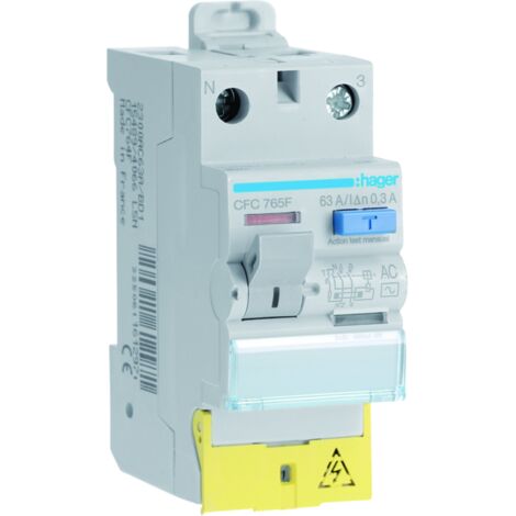 Interrupteur différentiel 1P+N 63A 300mA type AC à bornes décalées 50/60HZ - HAGER CFC765F
