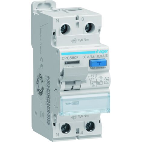 Interrupteur différentiel 1P+N 80A 300mA type AC S - HAGER CPC580F