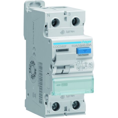 Interrupteur différentiel 1P+N 80A 30mA type AC - HAGER - CDC580F