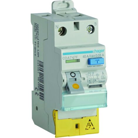 Interrupteur différentiel 2 Pôles 40A 30mA type A 60Hz à bornes décalées HAGER CDA747F