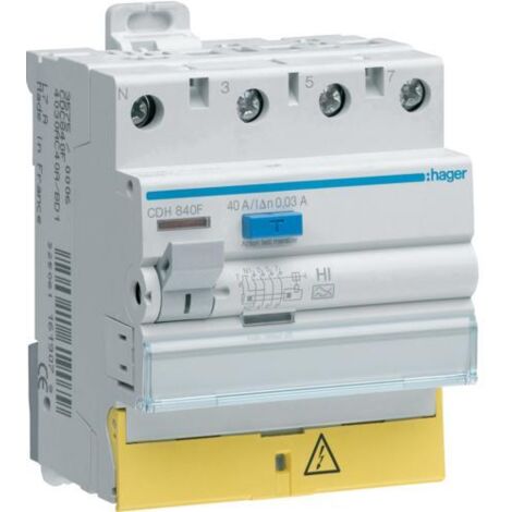Interrupteur différentiel 3P+N 40A 30mA type haute immunité à bornes décalées HAGER CDH840F