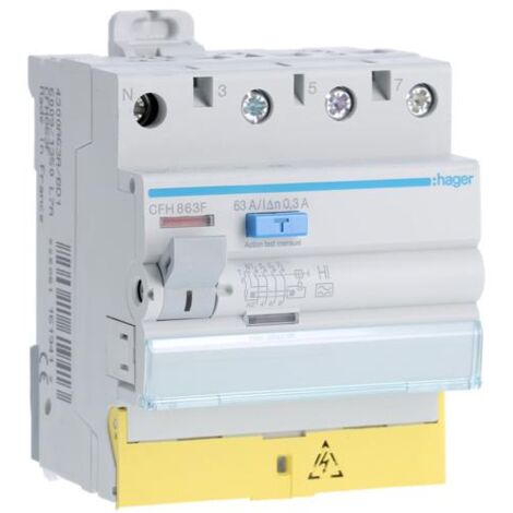Interrupteur différentiel 3P+N 63A 300mA type haute immunité à bornes décalées HAGER CFH863F