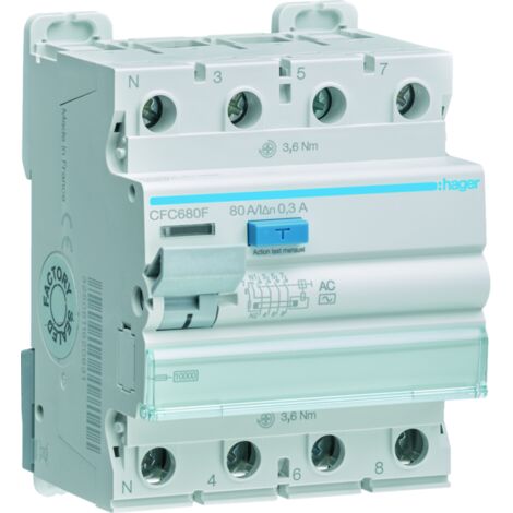 Interrupteur différentiel 3P+N 80A 300mA type AC - HAGER CFC680F