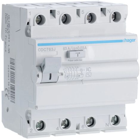 Interrupteur différentiel 4 modules (63A 30mA 230/400V) adapté pour rail DIN IP20 8,3x7x7cm