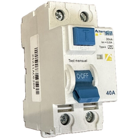 Interrupteur différentiel 40A bipolaire 30mA type A – Bornes à vis alignées – Norme CE – Protection contre les surcharges – Alternative Elec