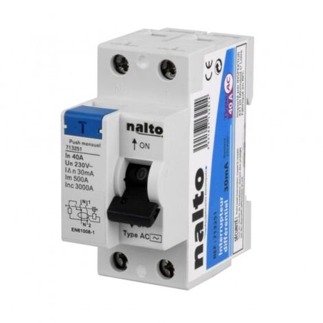 Interrupteur différentiel 40A – Type AC – Tension 230V – Connexion à vis – 1P+N – Norme EN 61008-1 – Certification CE – Nalto