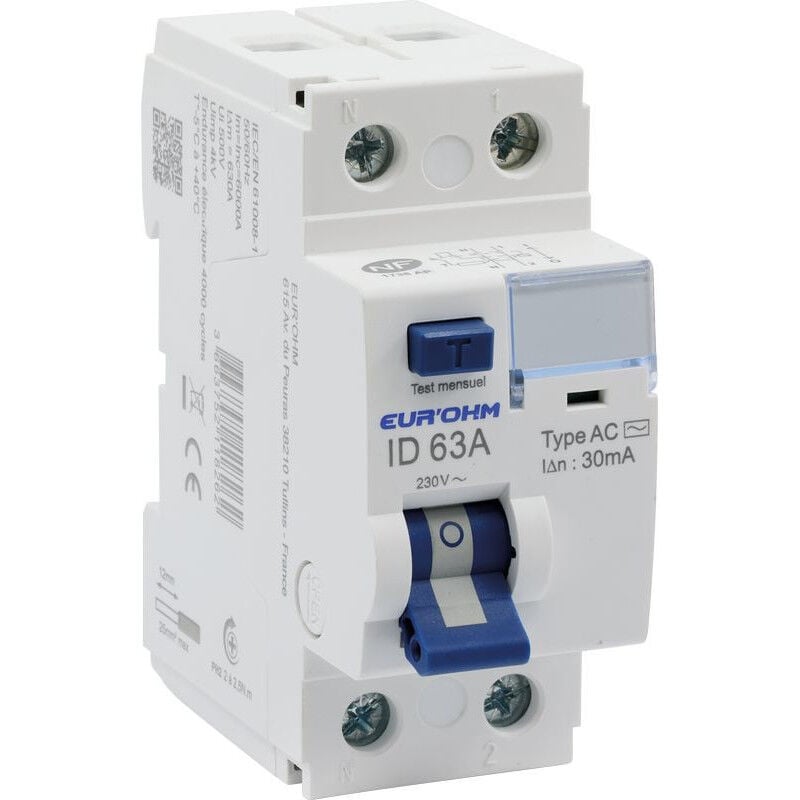 Interrupteur différentiel 63A 1P+N 30mA connexion haut/bas vis Classe ac nf (23763)
