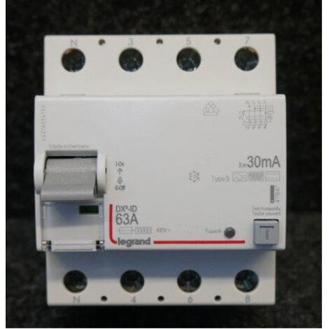 Interrupteur différentiel 63A 4P type B 30mA 230-400V 4 modules arrivée haute et départ bas à vis DX ID LEGRAND
