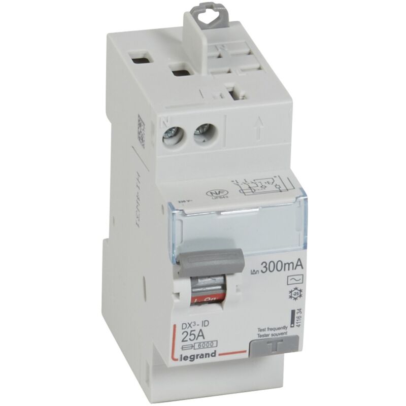 Interrupteur différentiel DX³-ID arrivée vis et départ automatique 2 Pôles 230V 25A type ac 300mA 2 modules Legrand 411634