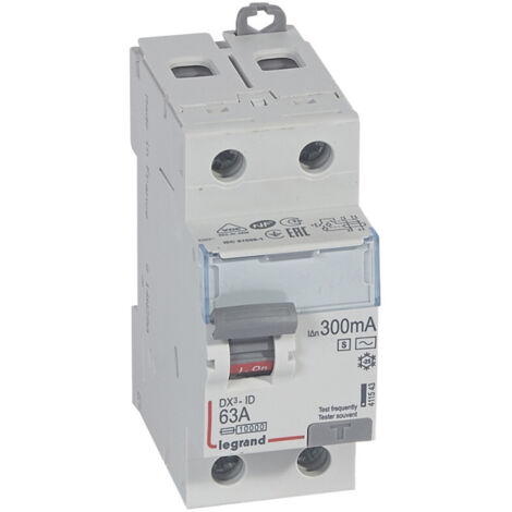 Interrupteur différentiel DX³-ID arrivée haute départ bas vis 2 Pôles 230V 63A type AC 300mA sélectif 2 modules LEGRAND 411543