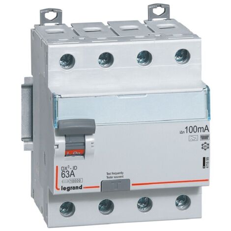 Interrupteur différentiel DX³-ID arrivée haute et départ bas à vis 4 Pôles 400V 63A type F 100mA 4 modules LEGRAND 411699