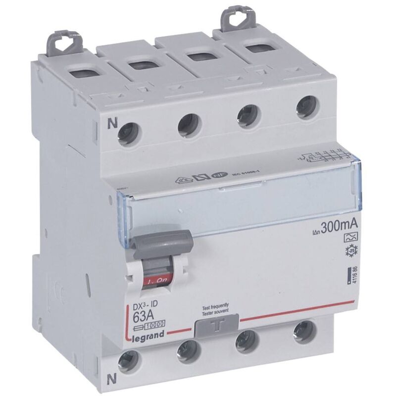 Interrupteur différentiel DX³-ID arrivée haute et départ bas à vis 4 Pôles 400V 63A type A 300mA 4 modules LEGRAND 411686