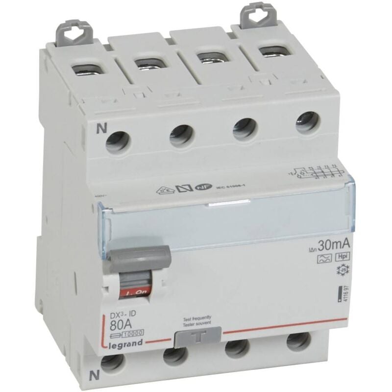 Interrupteur différentiel DX³-ID arrivée haute et départ bas à vis 4 Pôles 400V 80A type F 30mA 4 modules LEGRAND 411697