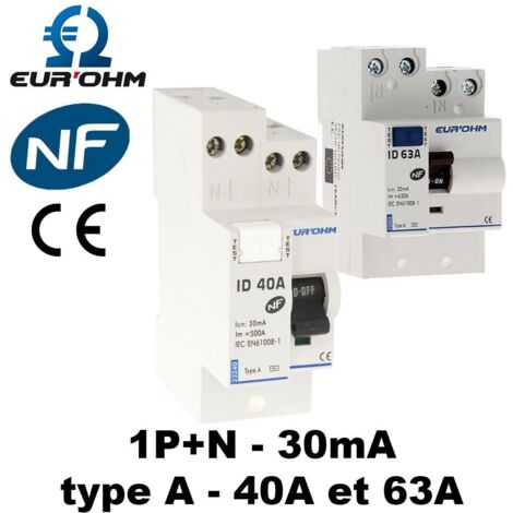 Interrupteur différentiel Phase Neutre - 30mA - Type A - 40A ou 63A - Calibre - Calibre 40A - type A