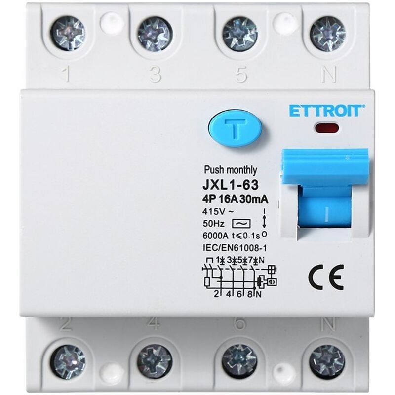 Disjoncteur à courant résiduel pur 4P 16A 6kA 30mA 380V Lifesaver 4 modules din JX341661 - Ettroit