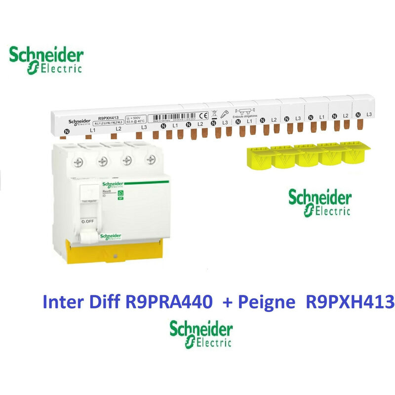 Interrupteur différentiel Resi9 4P 40A 30ma - a + Peigne 3P+N-13 m Schneider R9PRA440 + R9PXH413