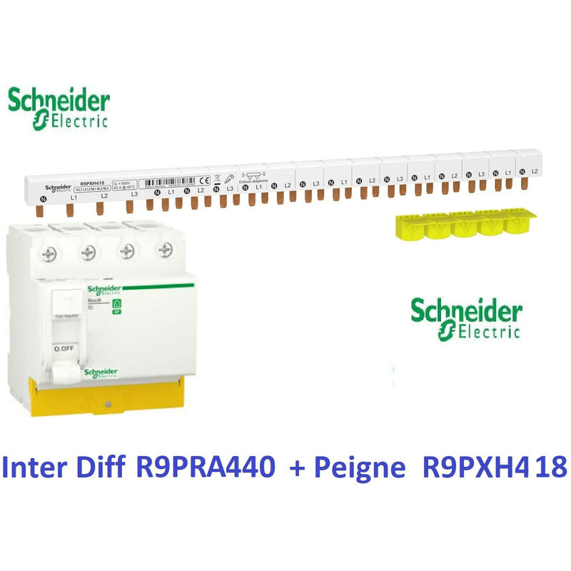 Interrupteur différentiel Resi9 4P 40A 30ma - A + Peigne 3P+N-18 M - Schneider R9PRA440 + R9PXH418
