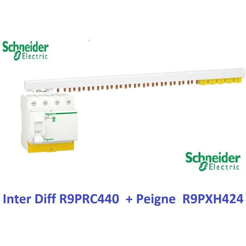 Interrupteur différentiel Resi9 4P 40A 30ma - ac + Peigne 3P+N - 24 m Schneider R9PRC440 avec R9PXH424