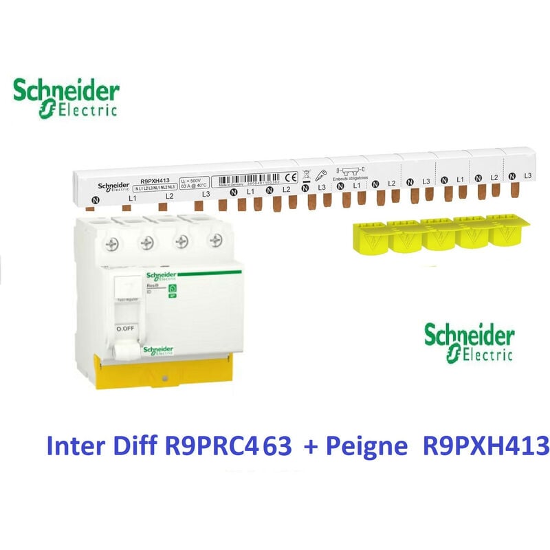 Interrupteur différentiel Resi9 4P 63A 30ma - ac + Peigne 3P+N -13 m Schneider R9PRC463 + R9PXH413